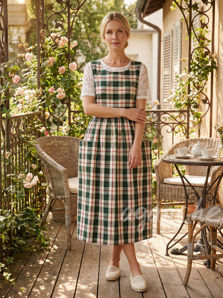 Vintage Green-Red-White Plaid Long Apron & Dress (2-in-1)