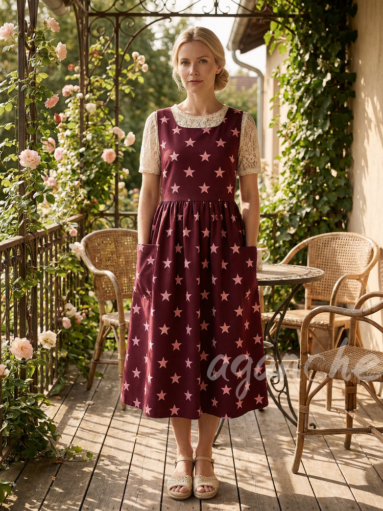 Vintage Wine Red Star Print Long Apron & Dress (2-in-1)