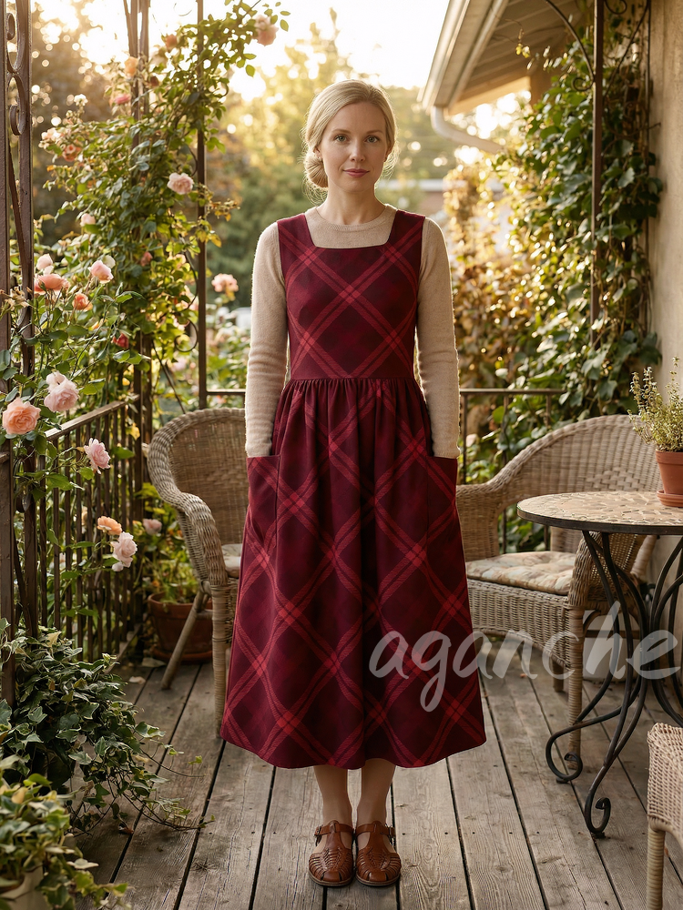 Vintage Wine Red Argyle Plaid Long Apron & Dress (2-in-1)