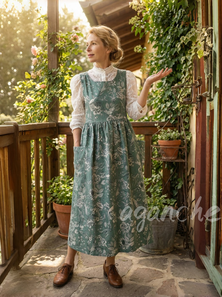 Vintage Grey Green Floral Print Long Apron with Pockets