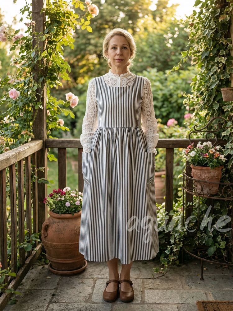 Vintage Dark Blue Thin Stripe Long Apron