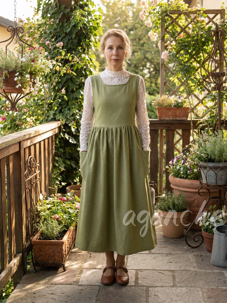 Vintage Olive Green Solid Long Apron