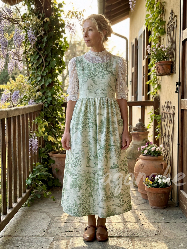 Vintage Light Green Base Pastoral Figure & Plant Print Long Apron