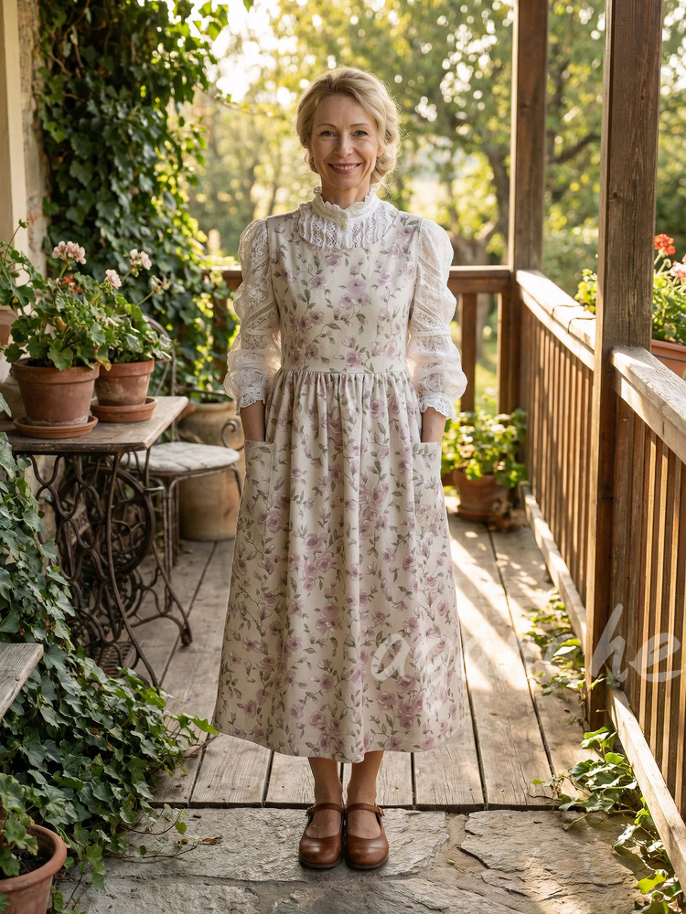 Vintage Light Beige Base Pale Pink Rose Print Long Apron