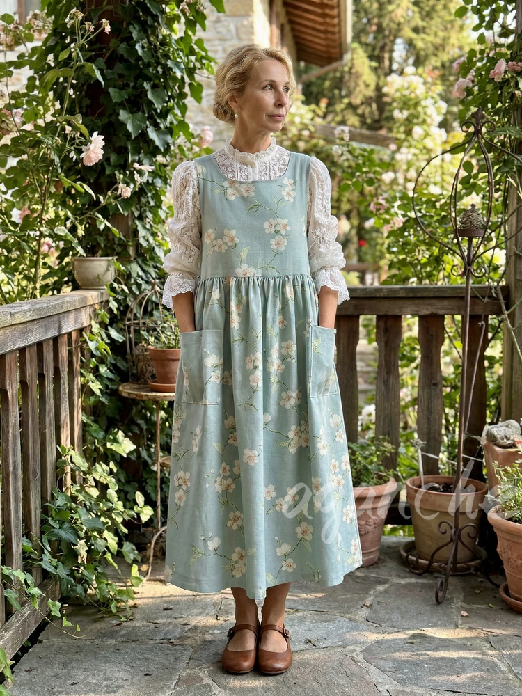 Vintage Light Mint Green White Blossom Branch Print Long Apron