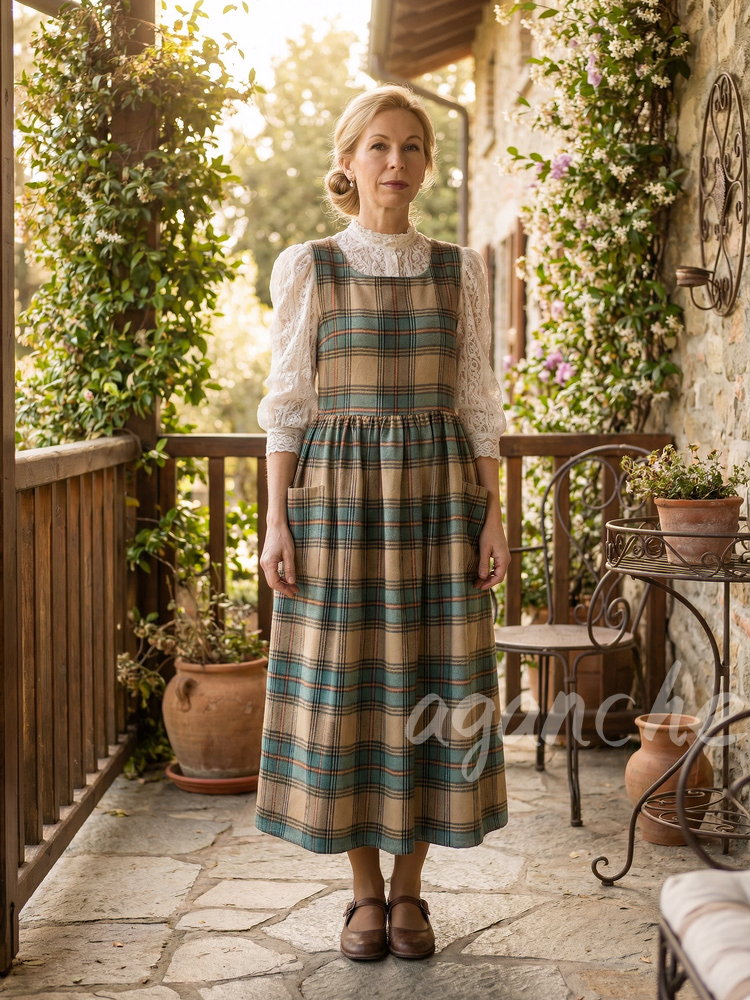 Vintage Light Khaki Blue & Brown Plaid Long Apron