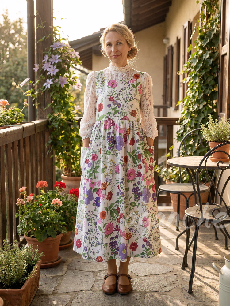 Vintage White Base Colorful Floral Print Long Apron