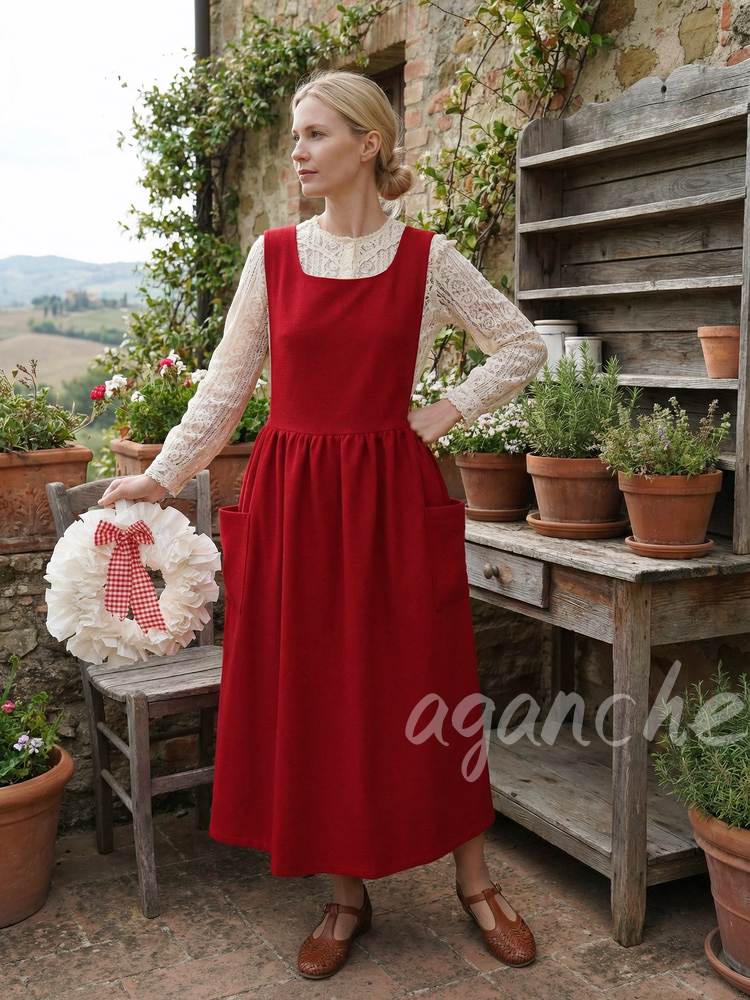 Vintage Red Apron with Pockets