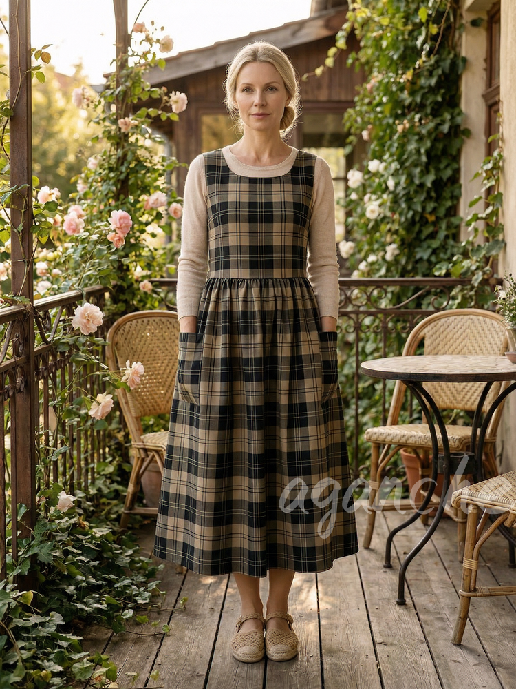 Vintage Black-Brown Plaid Long Apron & Dress (2-in-1)