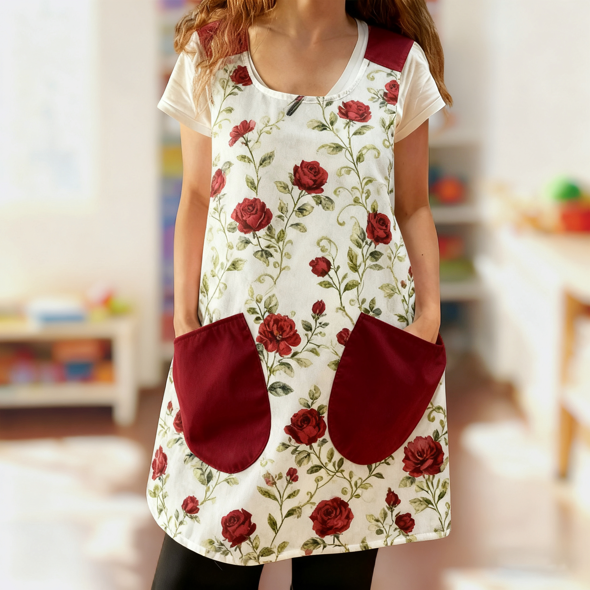 Wine Red Roses Print Cross Strap Apron