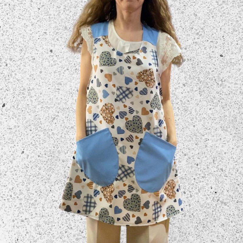 Blue Patchwork Heart All Over Print Cross Strap Apron