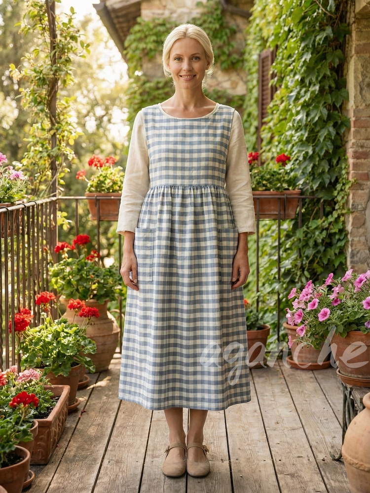 Vintage Light Blue & White Gingham Apron & Dress (2-in-1)