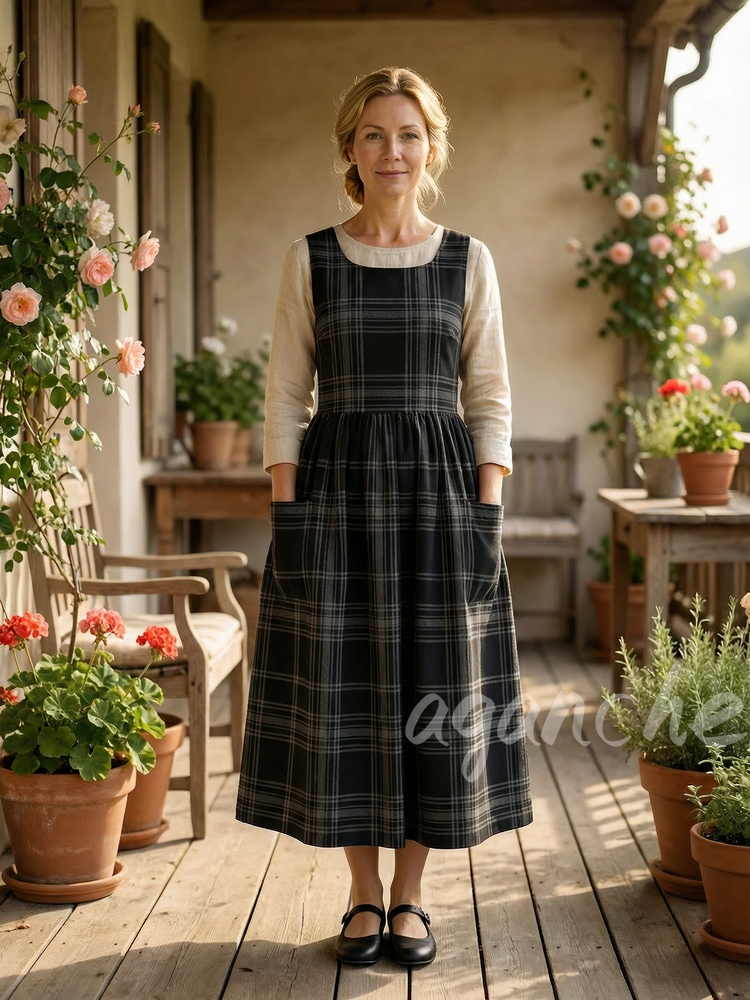 Vintage Black-Grey Plaid Long Apron & Dress (2-in-1)
