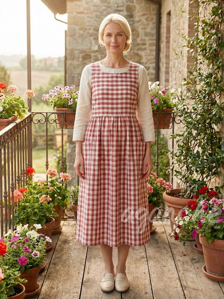 Vintage Pink Gingham Long Apron & Dress (2-in-1)