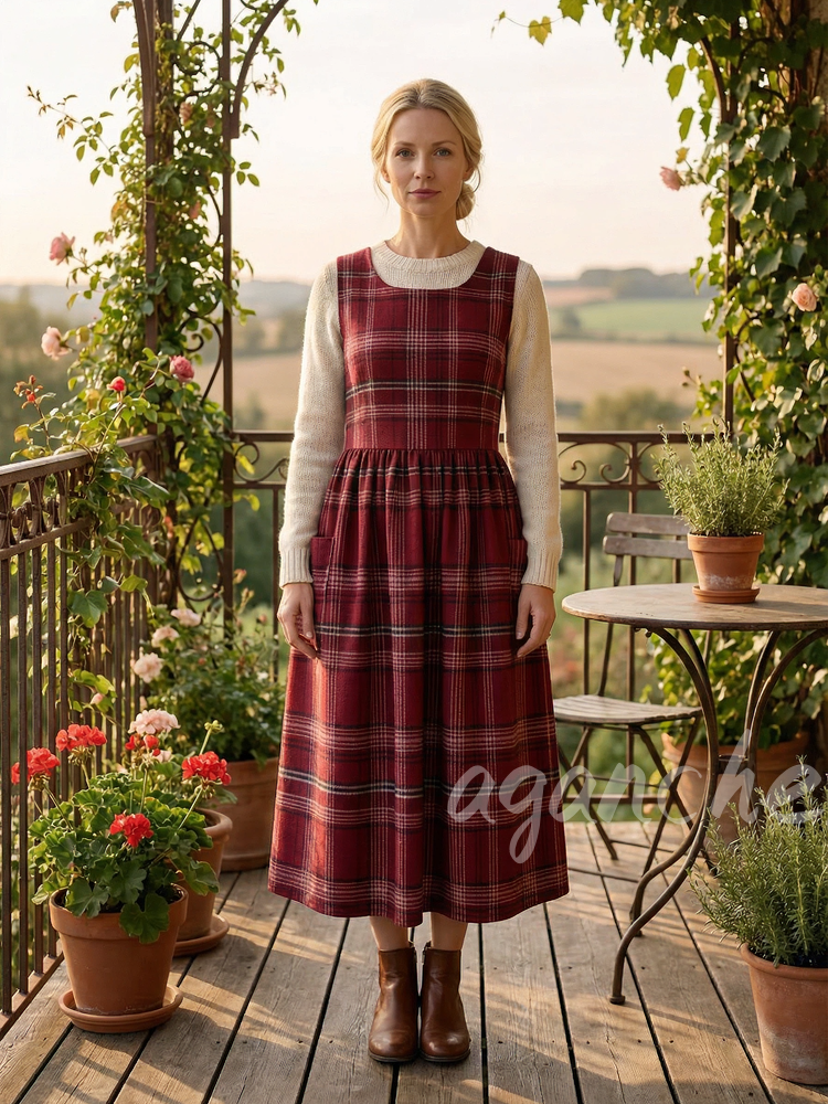 Vintage Wine Red Plaid Long Apron & Dress (2-in-1)