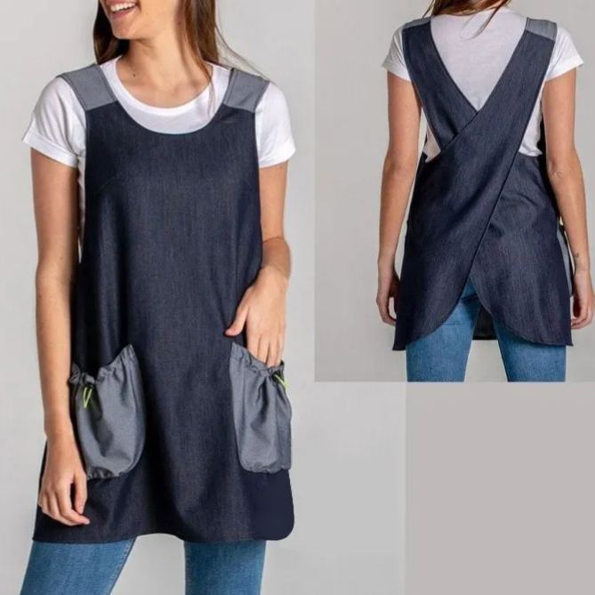 Gray Denim Patchwork Cross Strap Apron