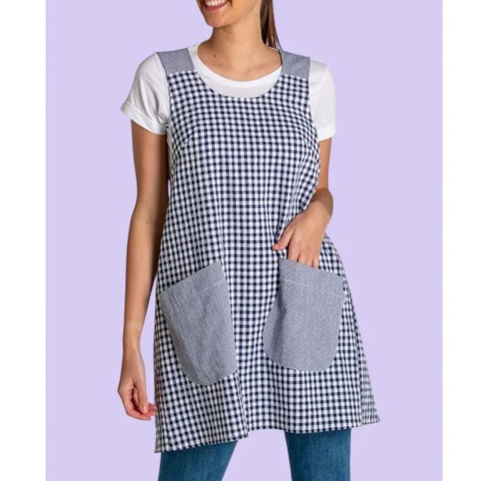 Blue Plaid Patchwork Cross Strap Apron