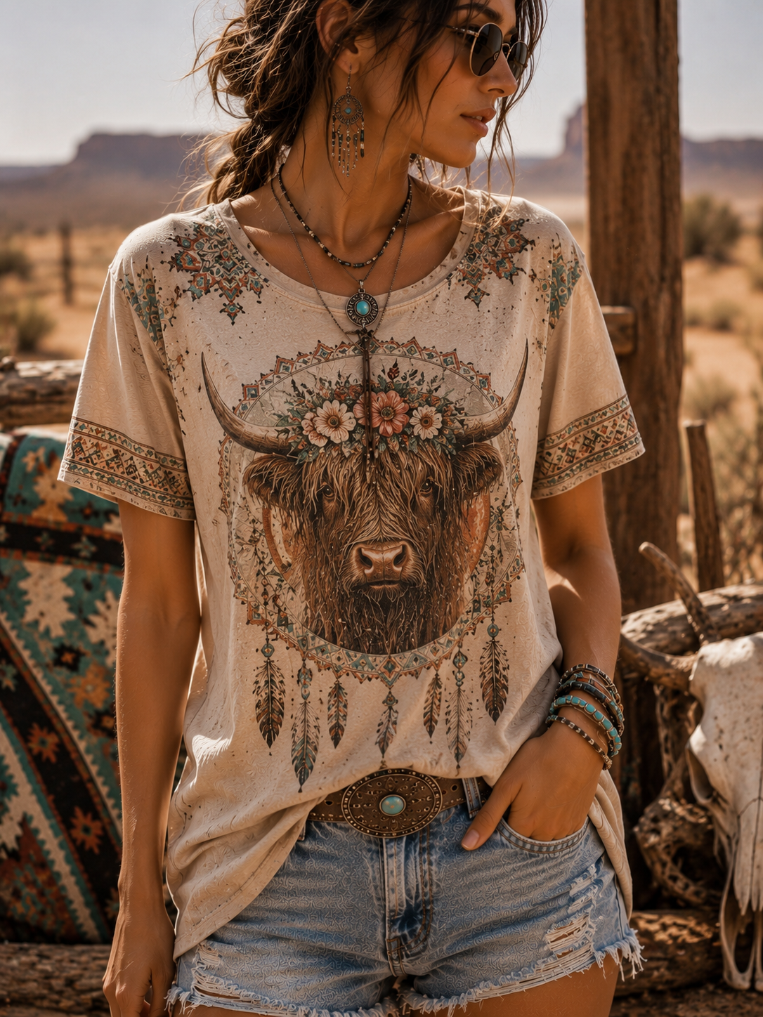 Floral Highland Cow Totem Tee
