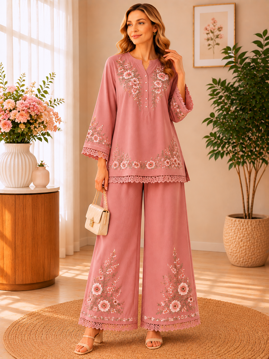 Rosette Embroidered Two‑Piece Set