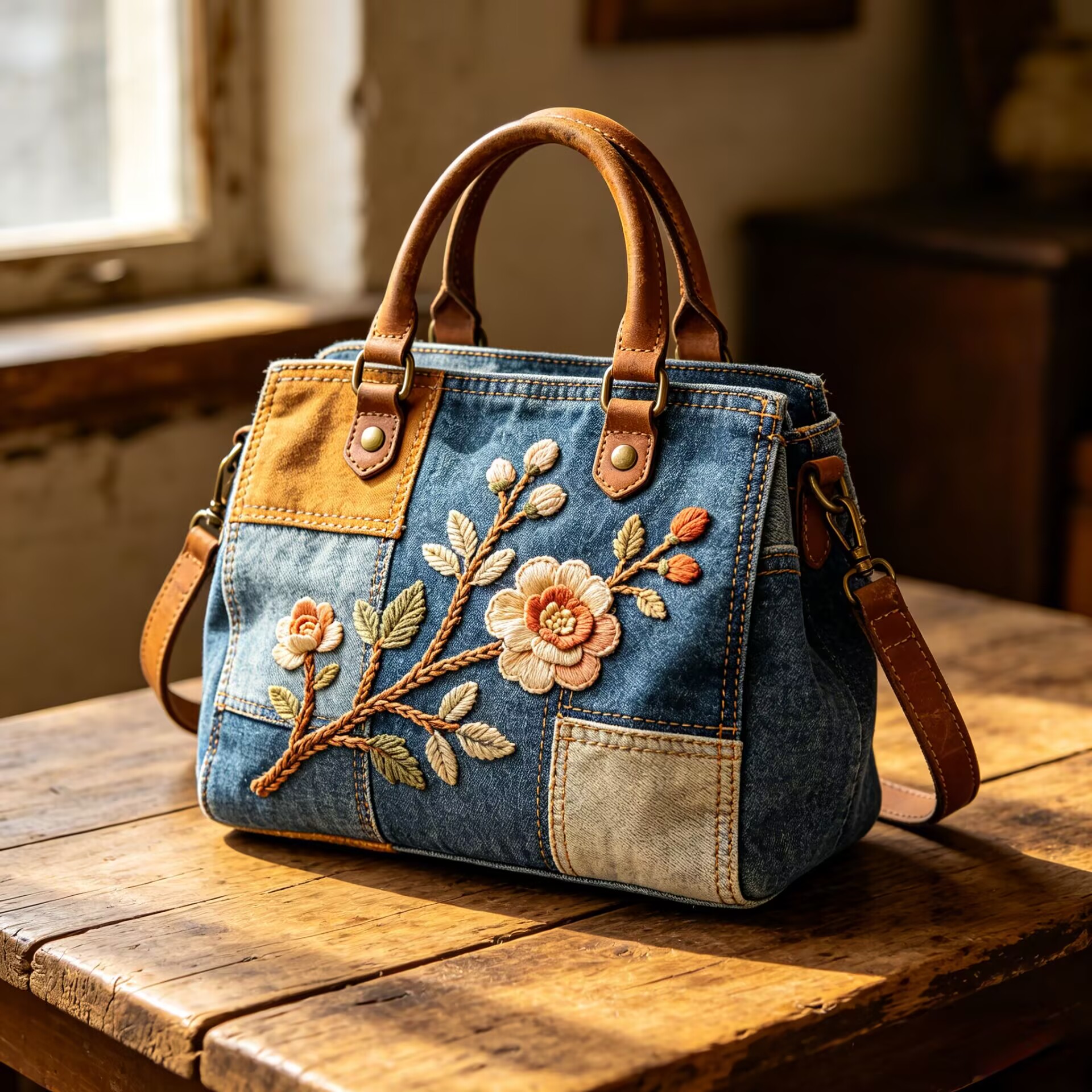 Rustic Blossom Denim Bag
