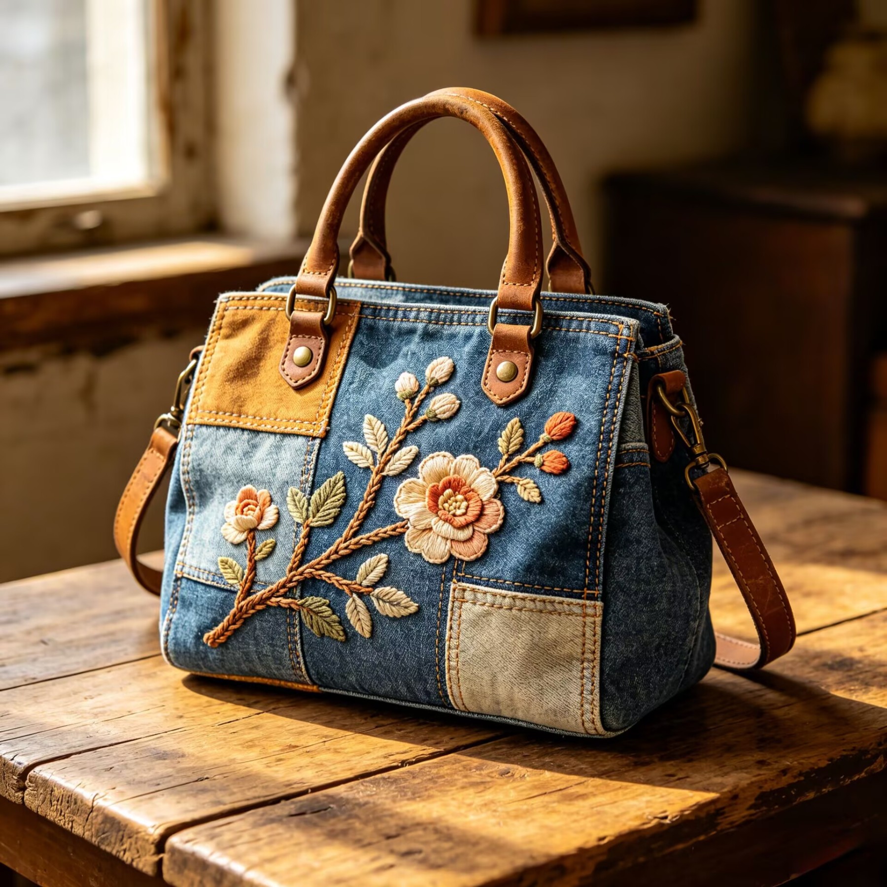 Rustic Blossom Denim Bag