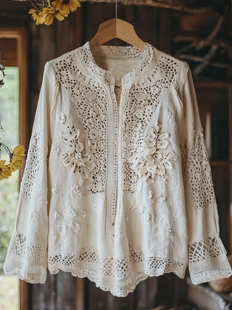 Women's Retro Floral Lace Embroidery Art V-neck Shirt