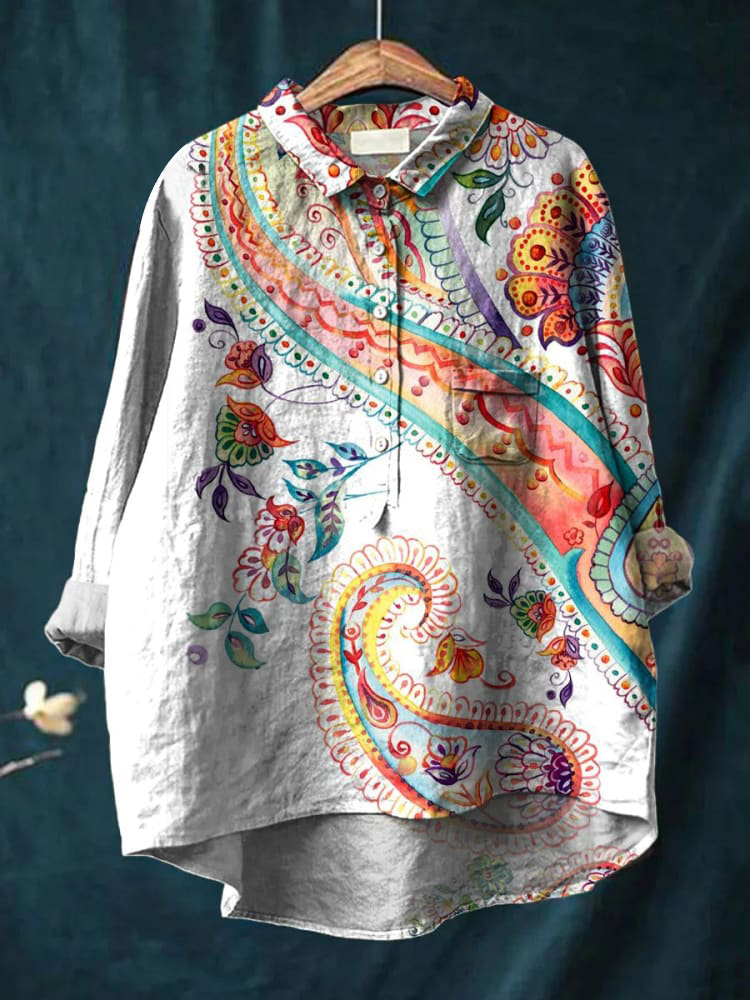 Women's Vintage Paisley Mandala Art Print Casual Cotton And Linen Shirt