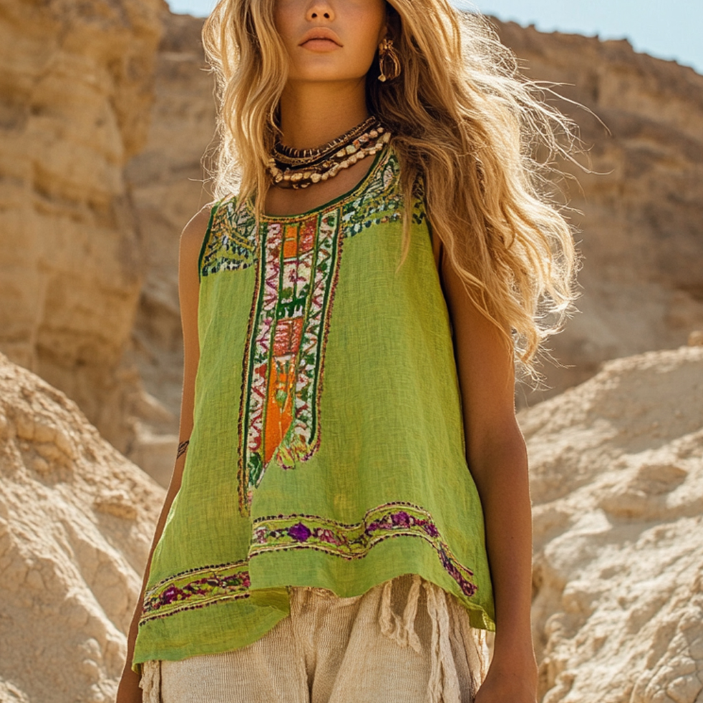 Desert Style Holiday Bohemian Vintage Linen Casual Top