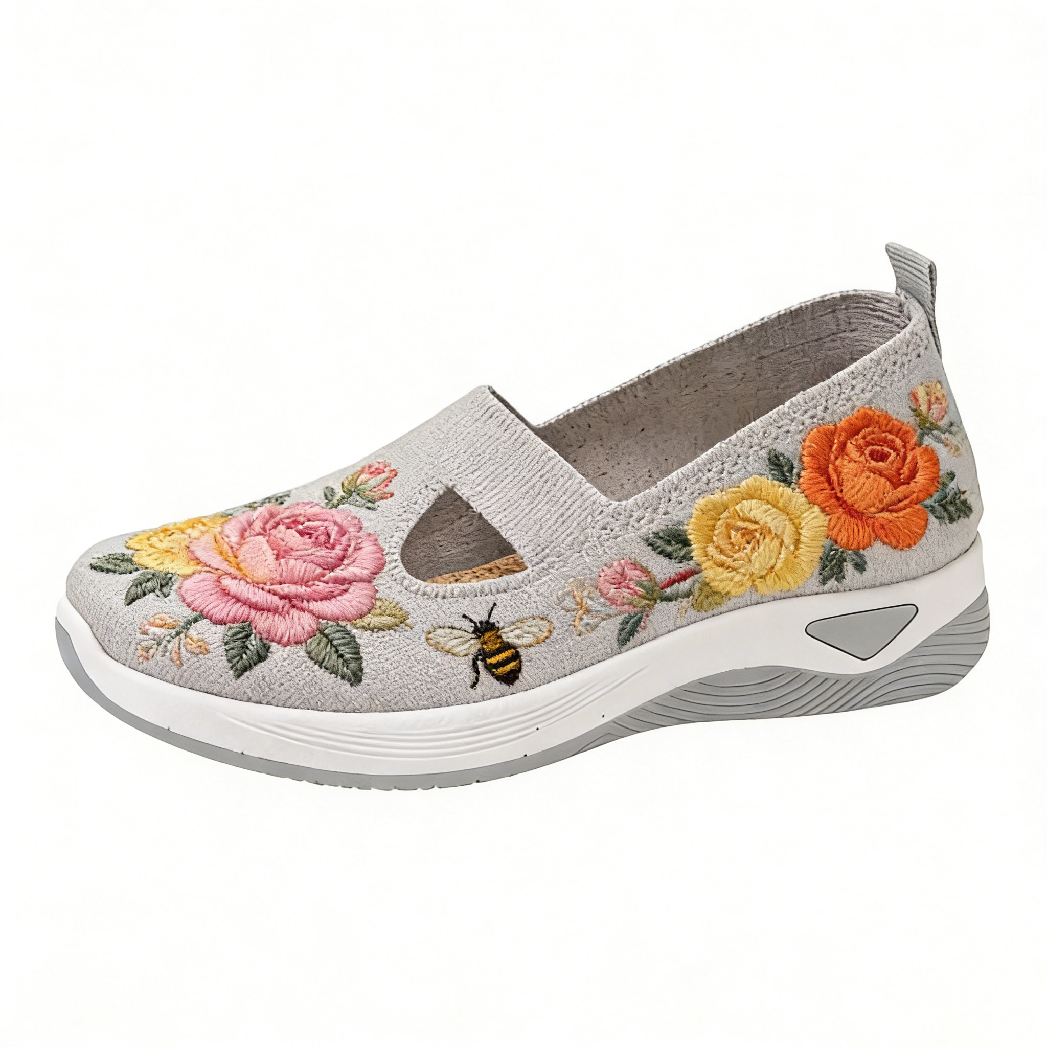 Rainbow Rose & Honeybee on Grey Cut-Out Orthopedic Arch Support Shoes