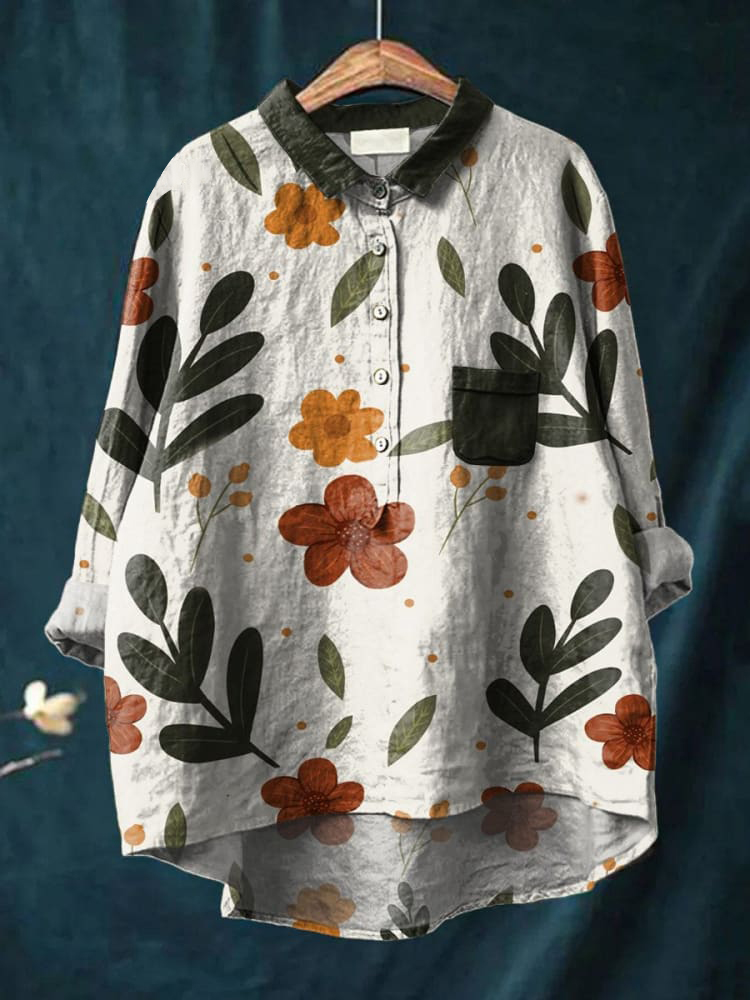 Green Leaf Colorful Flower Decorative Pattern Casual Cotton And Linen Shirt