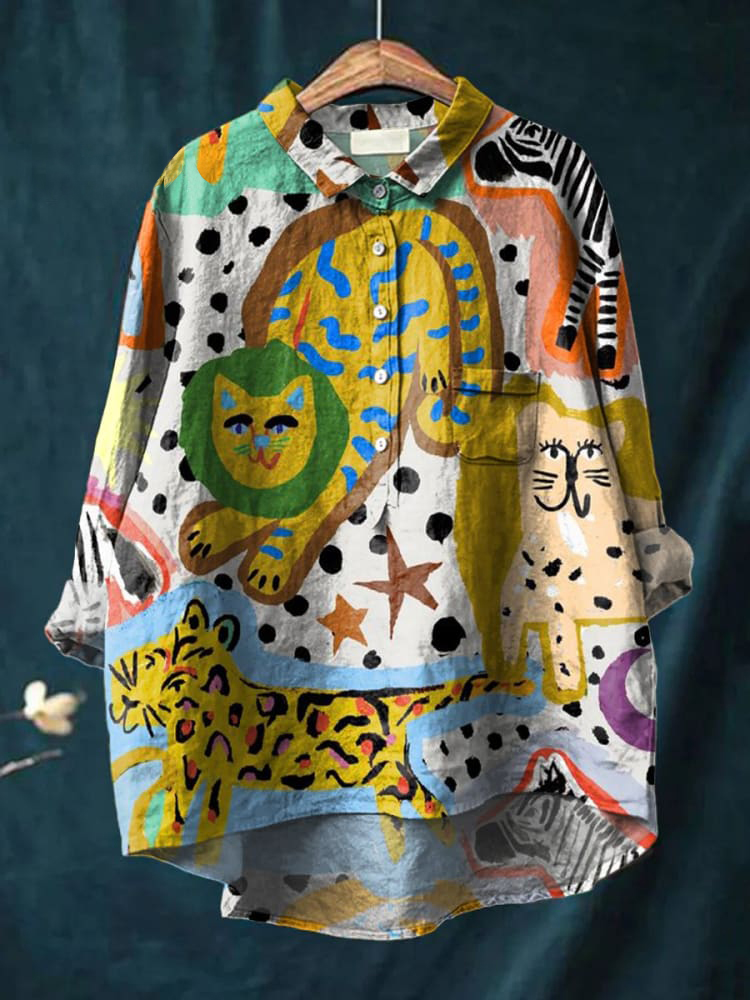 Women's Design Sense Spotted Cat Print Casual Cotton And Linen Shirt