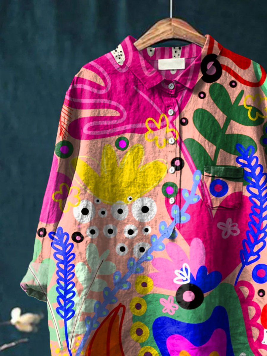 Abstrct Art Printed Women's Casual Cotton And Linen Shirt