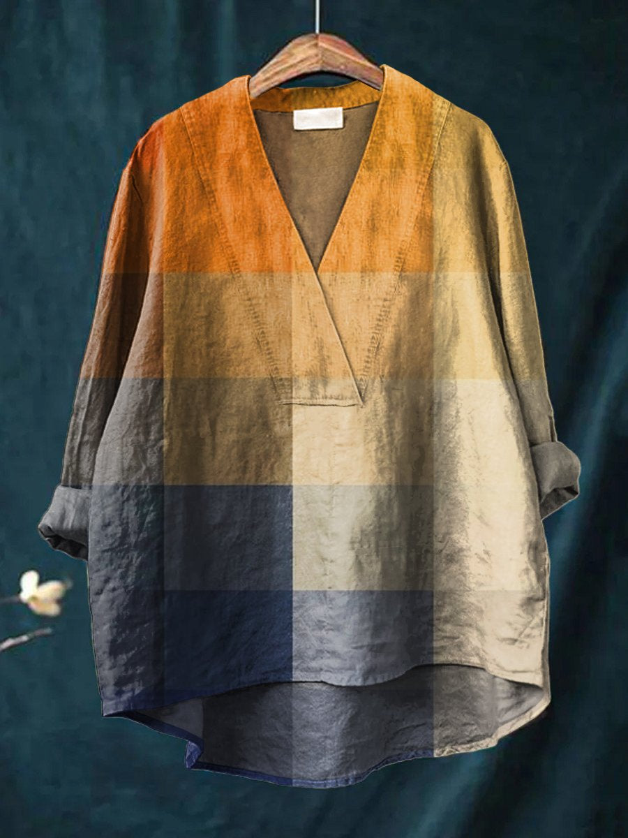 Women's Blue Orange Gradient Plaid Mosaic Art Print Casual Cotton And Linen V-neck Shirt