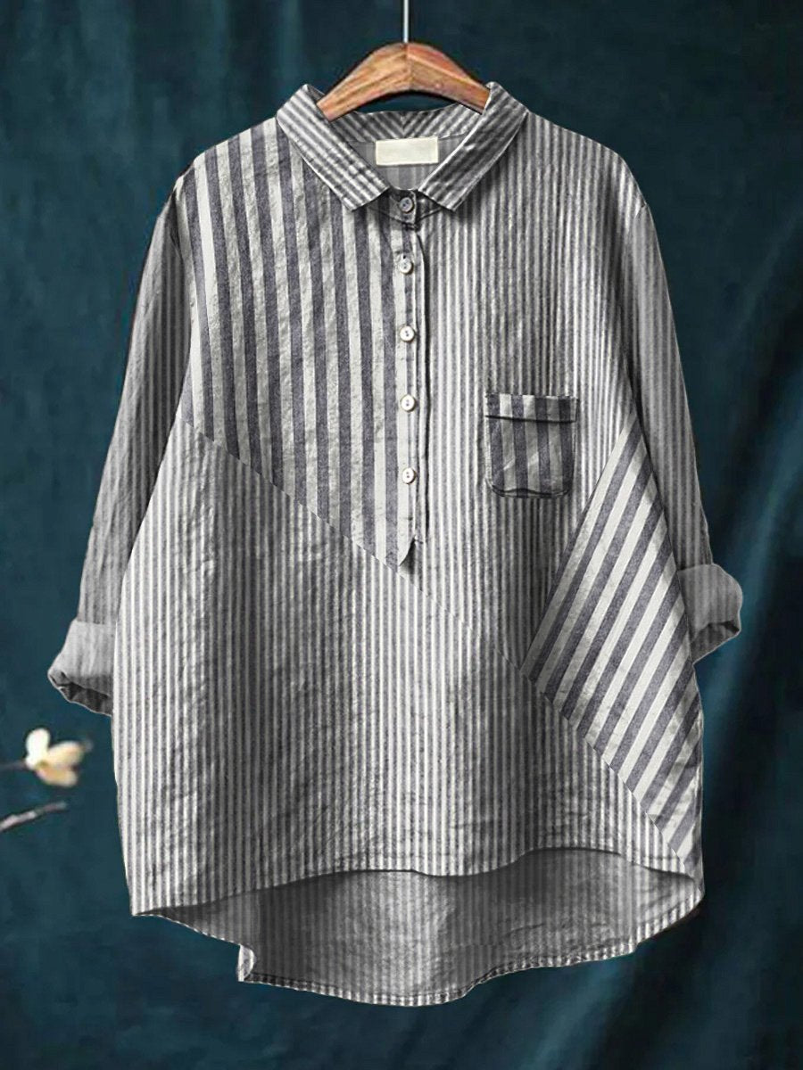 Stripes Pattern Printed Women's Casual Cotton And Linen Shirt