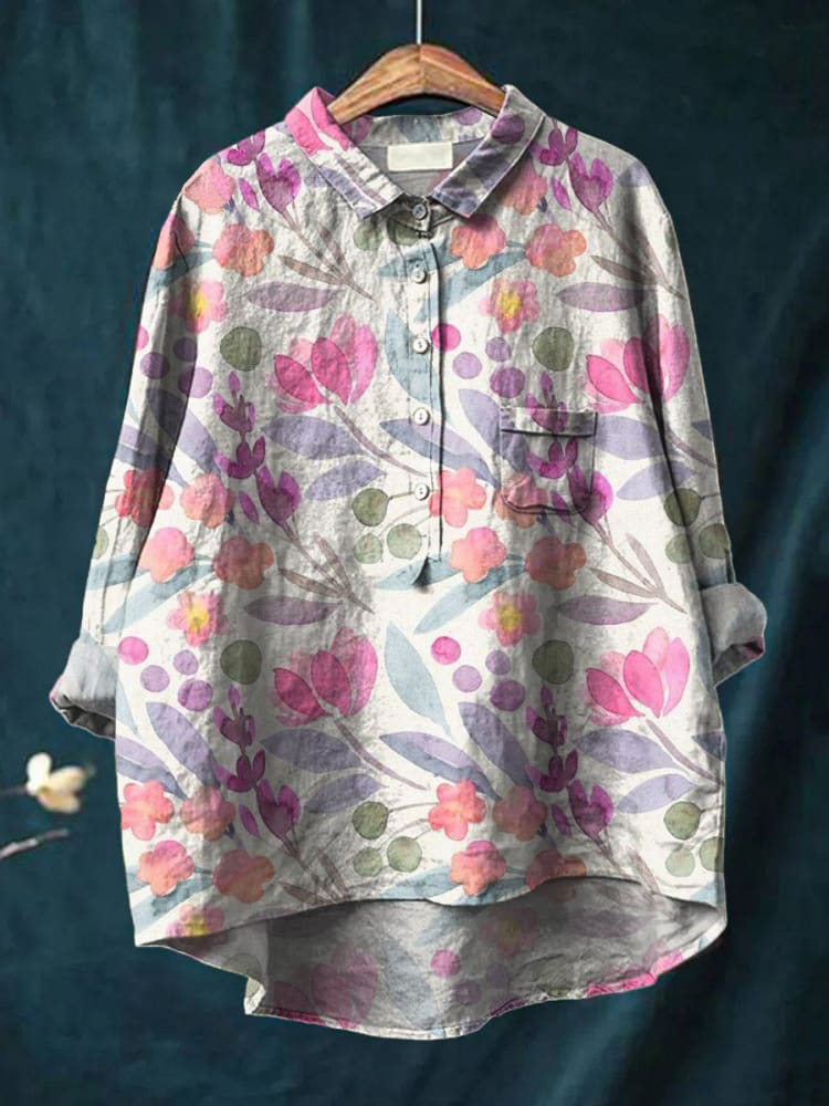 Women's Watercolor Flower Art Print Casual Cotton And Linen Shirt