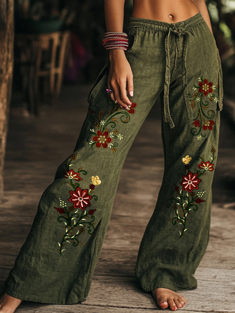 Vintage Floral Art Printed Cotton Linen Wide Leg Pants