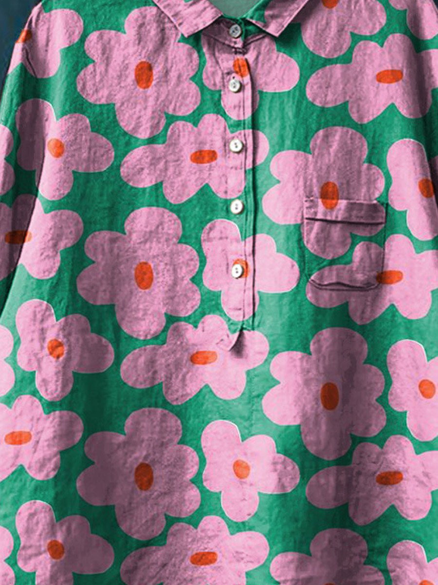 Vintage Lovely Floral Art Print Casual Cotton And Linen Shirt
