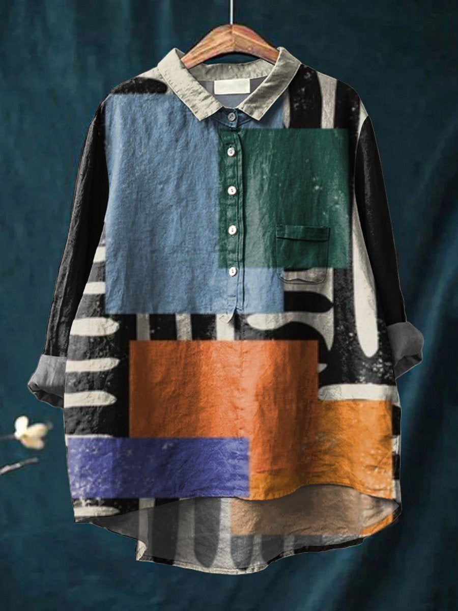 Women's Abstract Print Art Casual Cotton And Linen Shirt