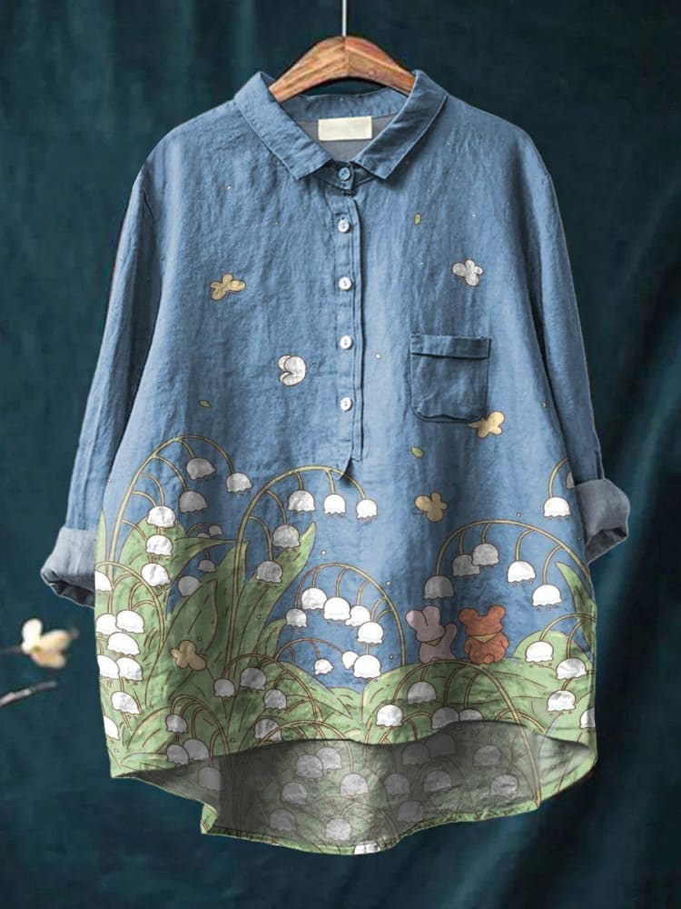 Bunny and Bear In Lily of The Valley Flowers Once Upon A Time Admiring Sky Decorative Pattern Casual Cotton And Linen Shirt
