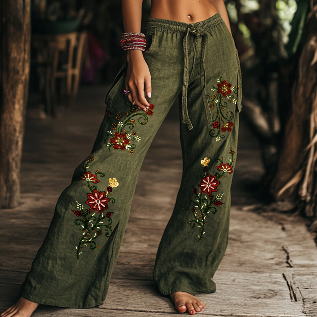 Vintage Floral Art Printed Cotton Linen Wide Leg Pants