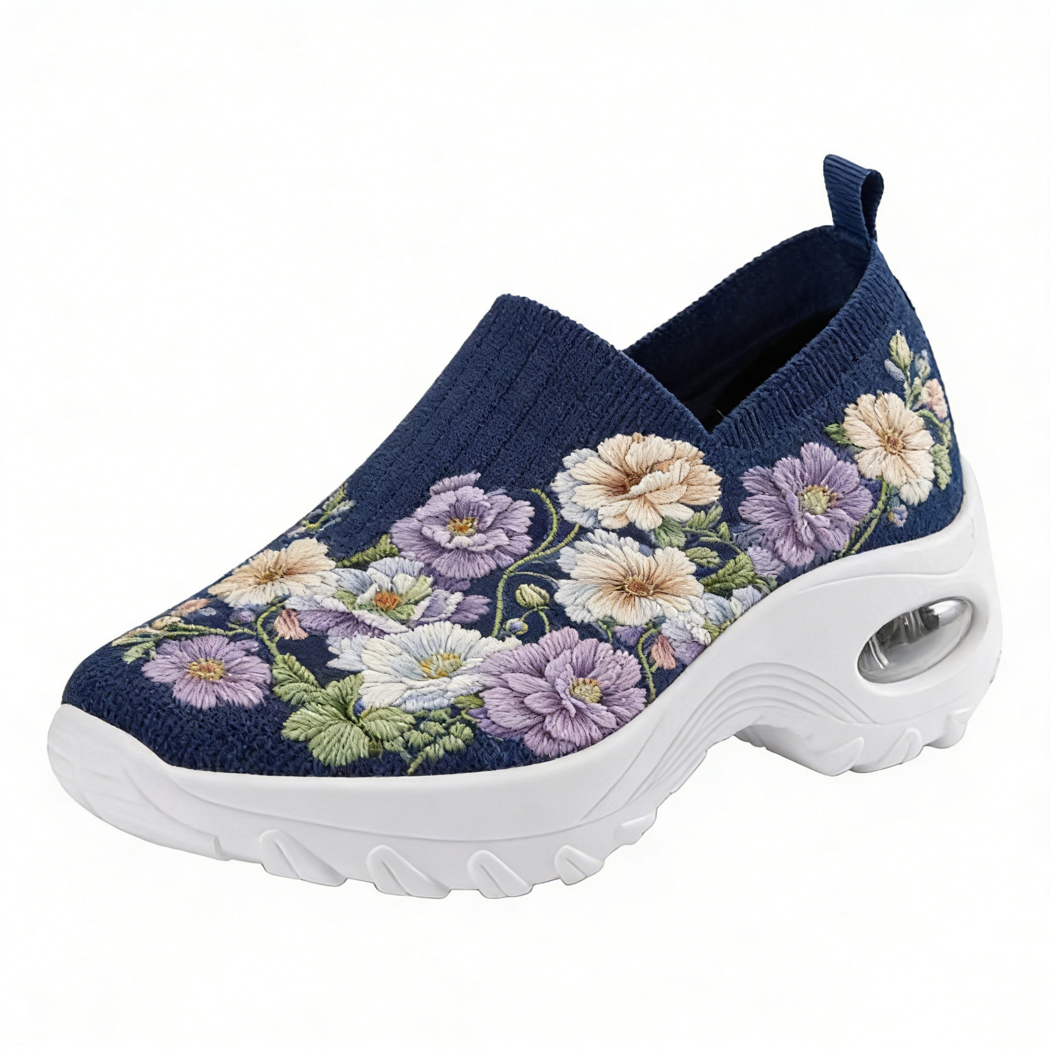 Muted Pastel Floral on Navy Blue Embroidered Orthopedic Arch Support Shoes 