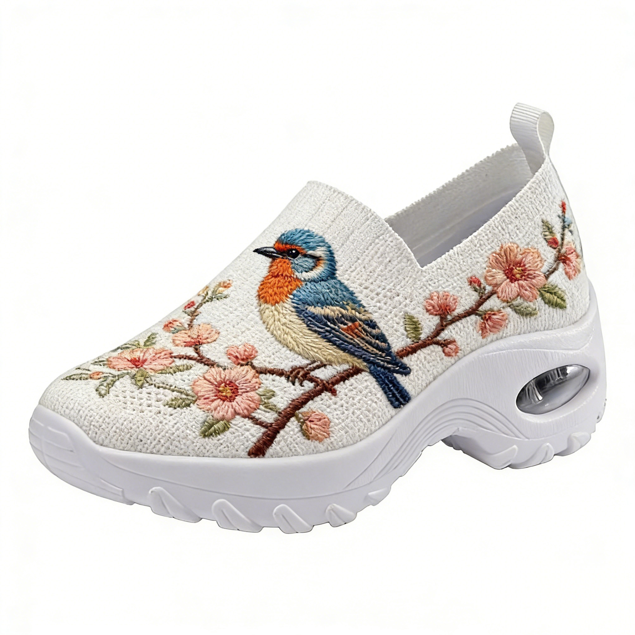 Bluebird & Cherry Blossom on Cream Embroidered Orthopedic Arch Support Shoes 