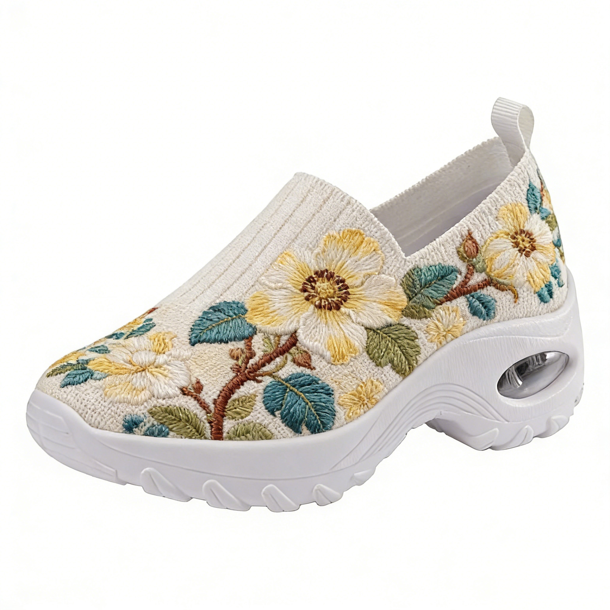 Golden Camellia on Ivory Embroidered Orthopedic Arch Support Shoes 