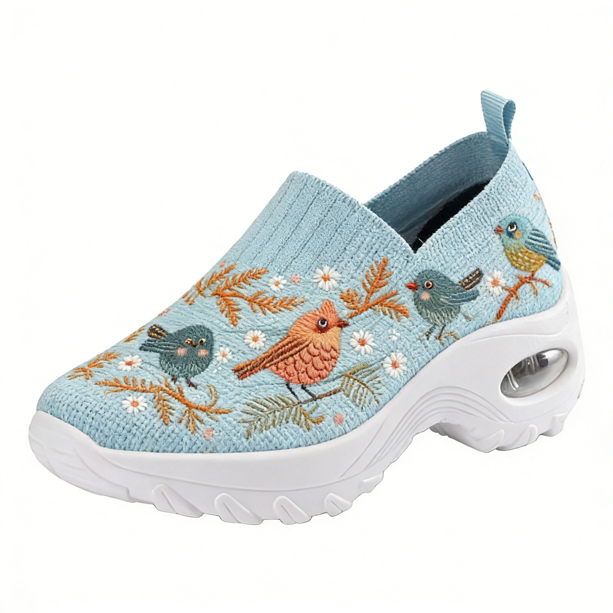 Forest Bird Chorus on Sky Blue Embroidered Orthopedic Arch Support Shoes 