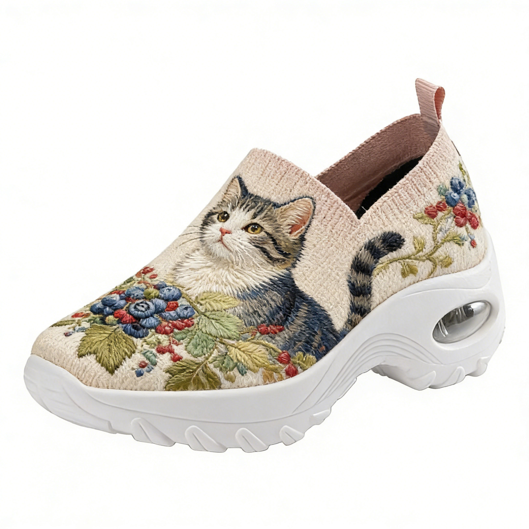 Tabby Cat & Berry Bush on Blush Embroidered Orthopedic Arch Support Shoes 