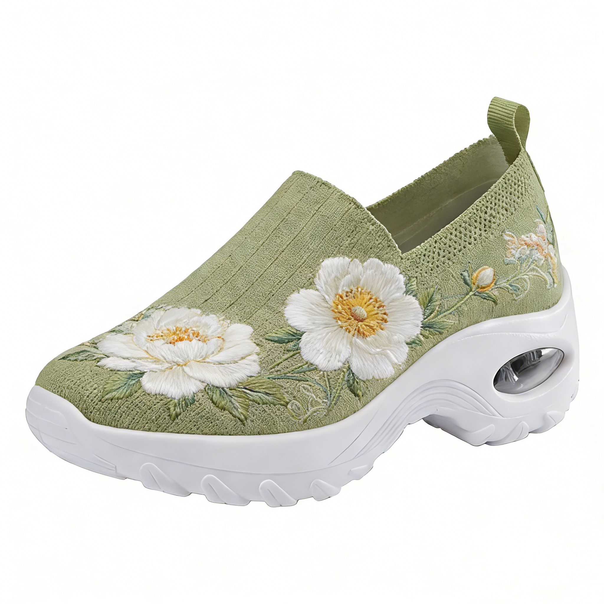 White Peony on Sage Green Embroidered Orthopedic Arch Support Shoes 