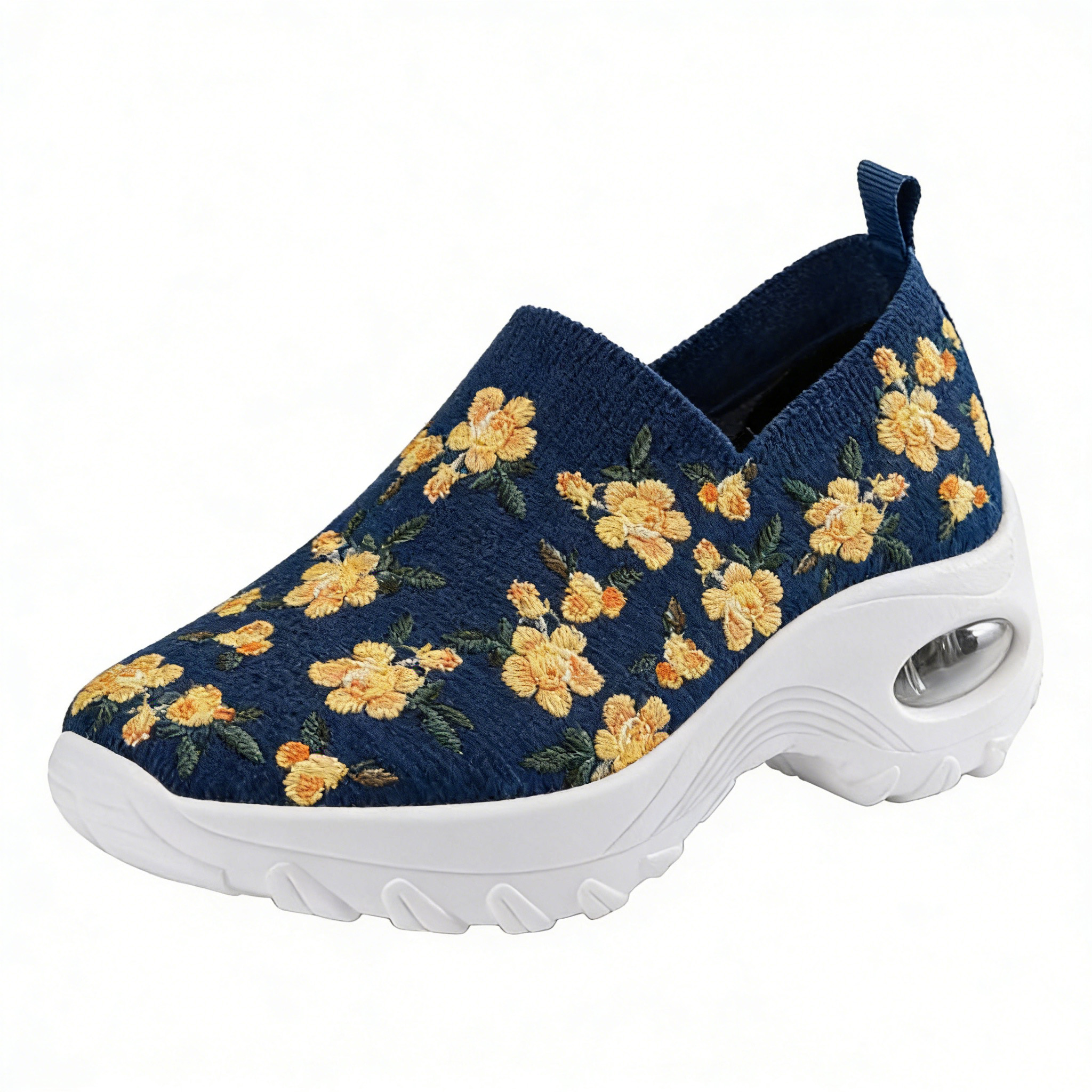 Golden Blossom on Navy Embroidered Orthopedic Arch Support Shoes 