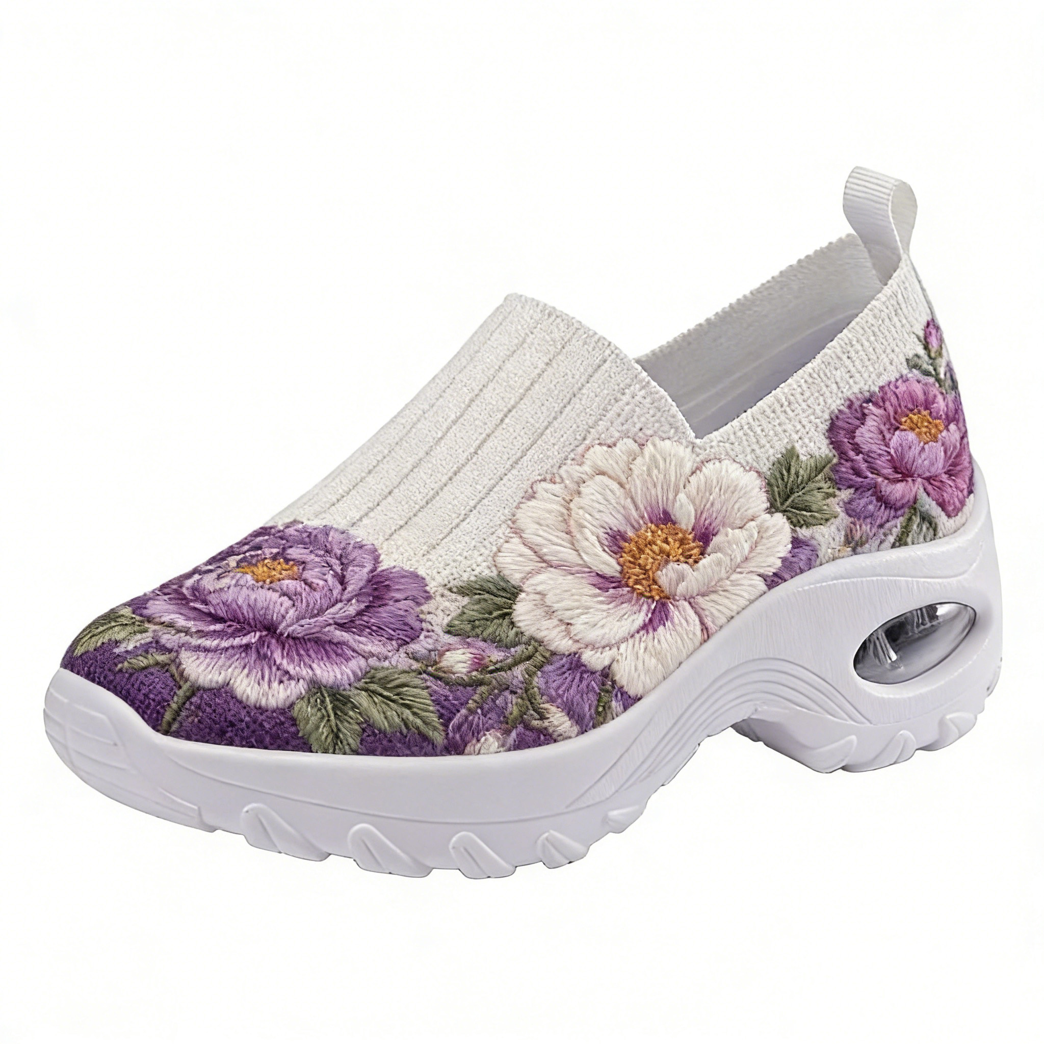 Purple & White Peony on Two-Tone Embroidered Orthopedic Arch Support Shoes 