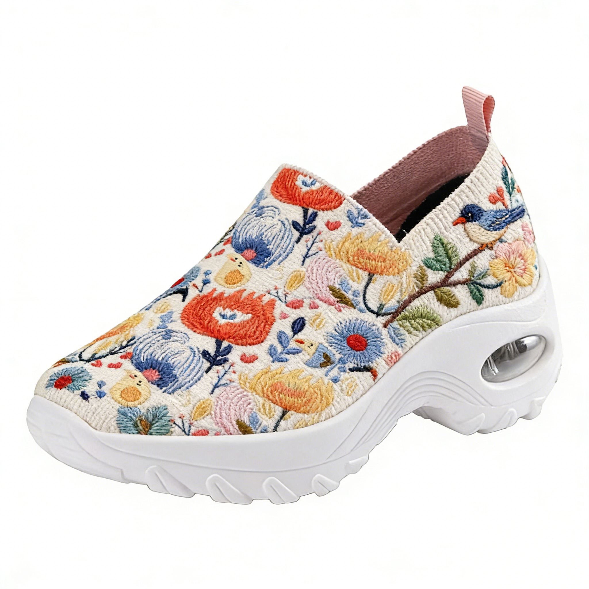 Whimsical Bird & Pastel Floral on Cream Embroidered Orthopedic Arch Support Shoes 