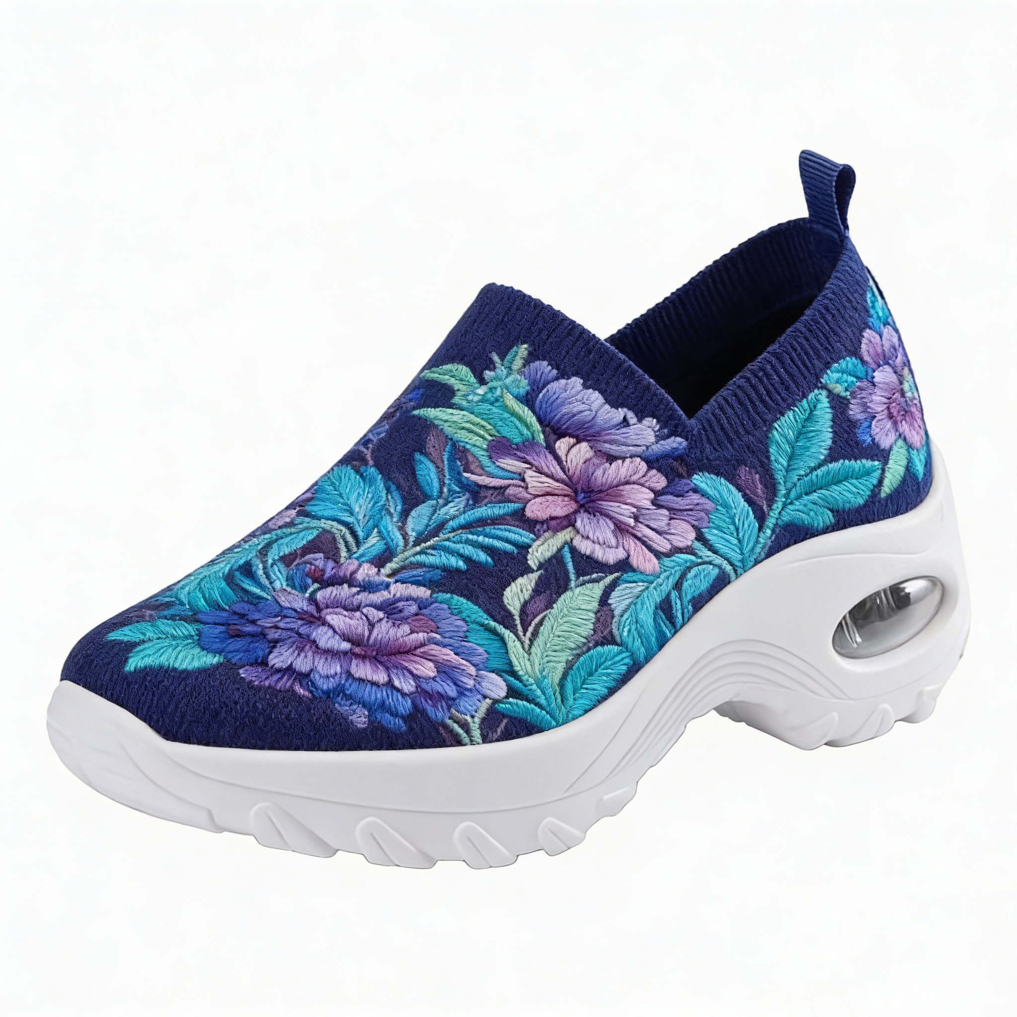 Purple Peony & Teal Leaves on Navy Embroidered Orthopedic Arch Support Shoes 